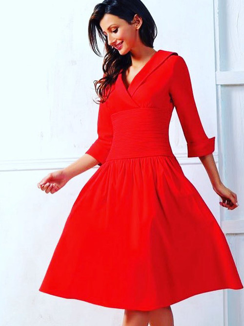 A-line V Neck Satin Sleeves Red Cocktail Dress