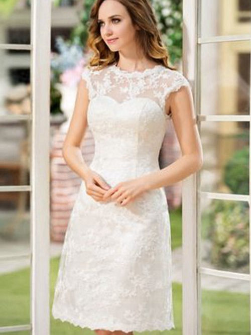 A-line Jewel Knee Length Lace Wedding Dress