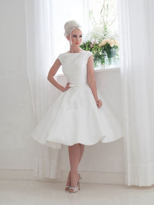 Princess Bateau Taffeta Knee Length Bridal Dress