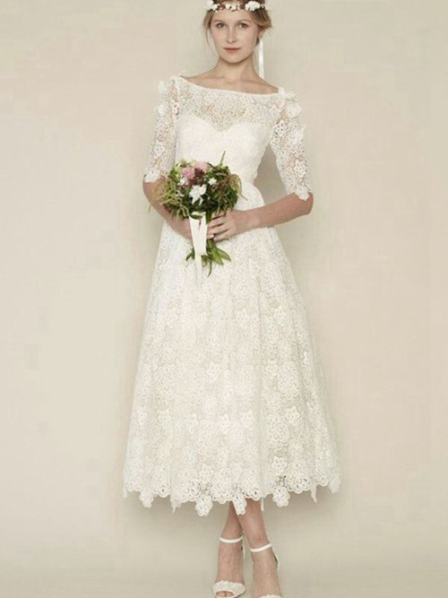 A-line Bateau Tea Length Lace 1/2 Sleeves Wedding Dress