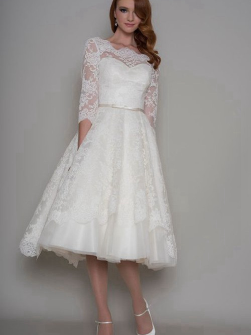 A-line Bateau 1/2 Lace Sleeves Knee Length Wedding Dress