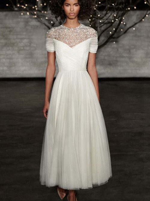 A-line Jewel Ankle Length Chiffon Bridal Dress Pearls