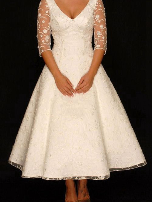 A-line V Neck Ankle Length Taffeta Wedding Dress Embroidery