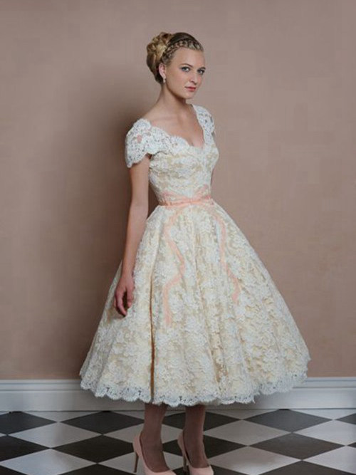 A-line V Neck Lace Tea Length Wedding Dress