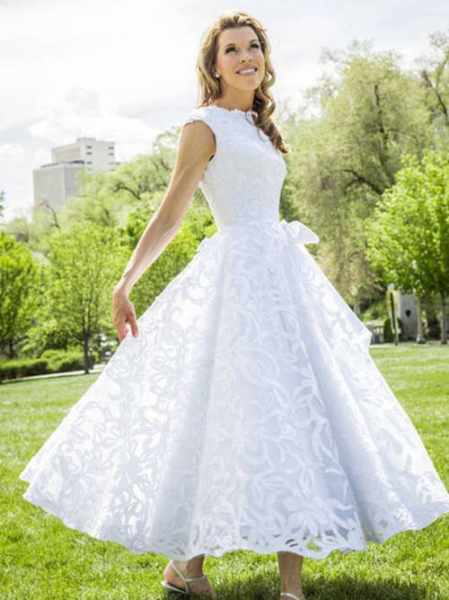 A-line High Neck Ankle Length Wedding Gown