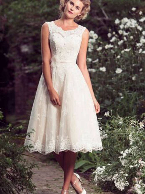 Princess Scoop Lace Knee Length Bridal Dress