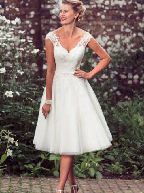 A-line V Neck Lace Organza Knee Length Wedding Dress