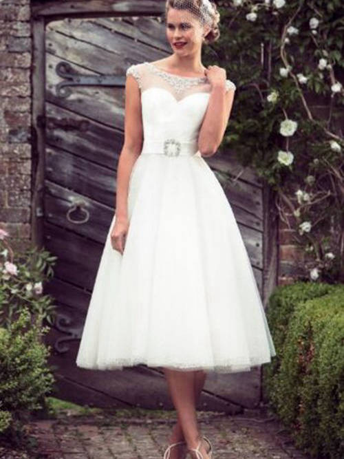 A-line Sheer Organza Tea Length Bridal Dress