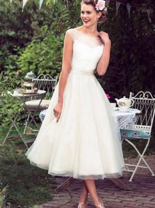A-line Sheer Organza Tea Length Wedding Dress