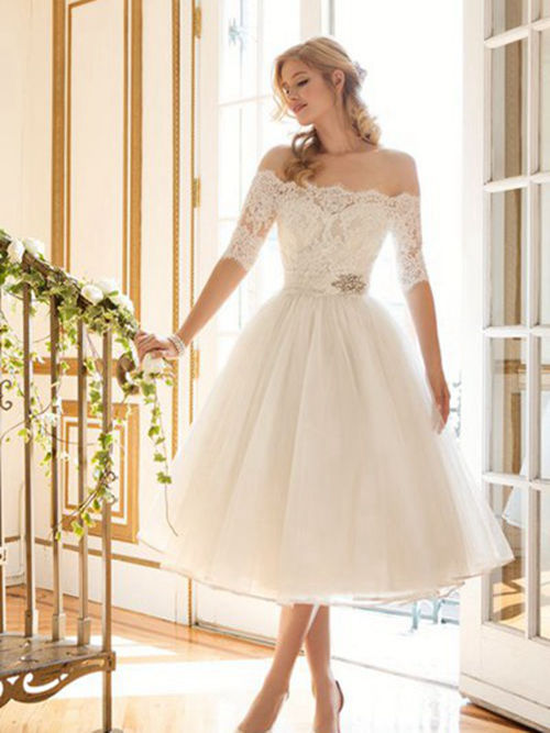 Princess Off Shoulder Tea Length Organza Bridal Wear
