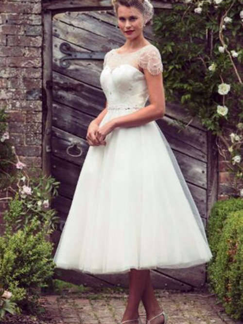 A-line Sheer Organza Tea Length Bridal Dress