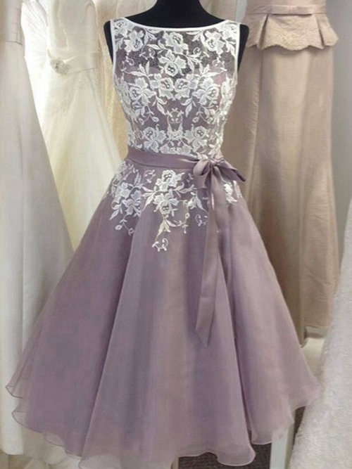 A-line Bateau Tea Length Chiffon Lace Wedding Dress