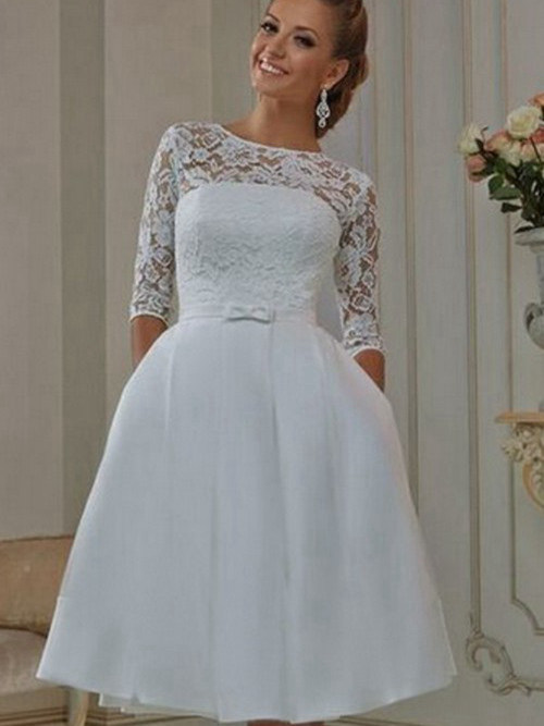 A-line Bateau Lace Chiffon Knee Length Wedding Dress