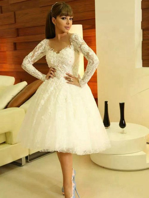 Princess V Neck Knee Length Lace Long Sleeves Bridal Dress