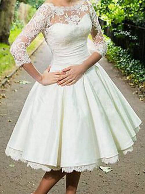 Princess Sheer Knee Length Taffeta Lace Wedding Dress