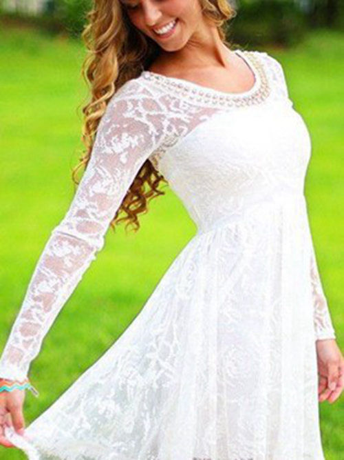 A-line Scoop Lace Short Wedding Dress With Beading