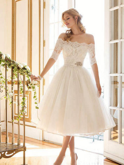 A-line Off Shoulder Tea Length Organza Lace Wedding Dress