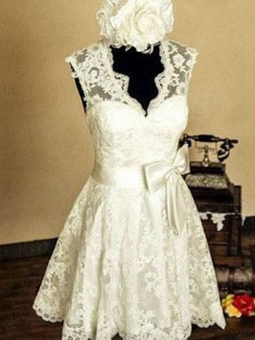 A-line V Neck Knee Length Lace Wedding Dress