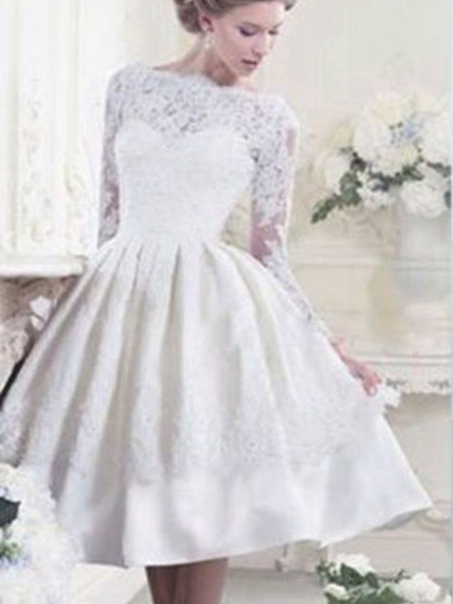 A-line Bateau Knee Length Satin Lace Wedding Dress