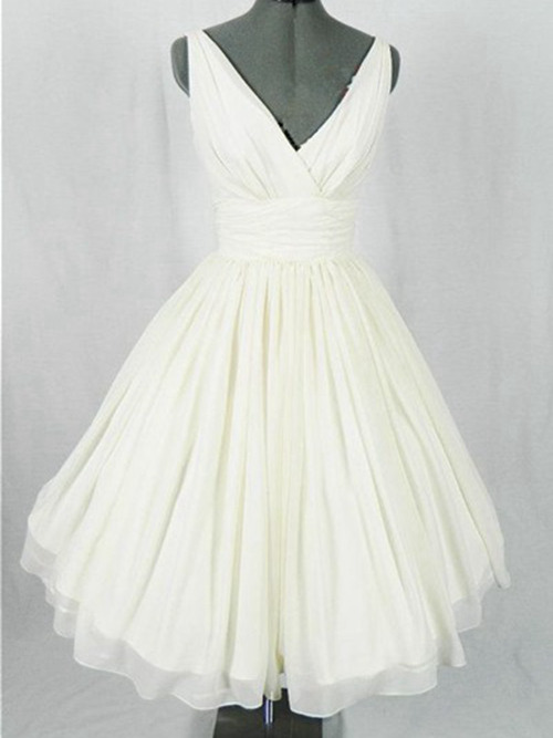 Ball Gown V Neck Tea Length Chiffon Bridal Wear