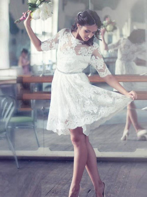 A-line Bateau Lace Short Wedding Dress