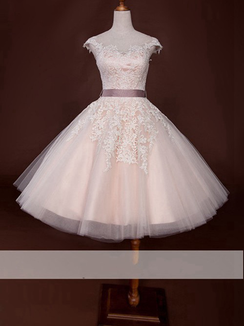 Princess Scoop Tea Length Organza Wedding Dress Applique
