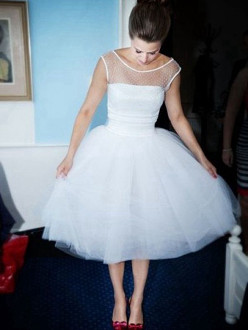Ball Gown Sheer Tea Length Organza Wedding Dress