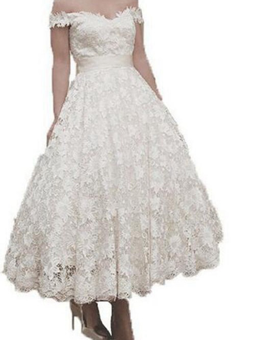 Princess Off Shoulder Ankle Length Lace Wedding Dress