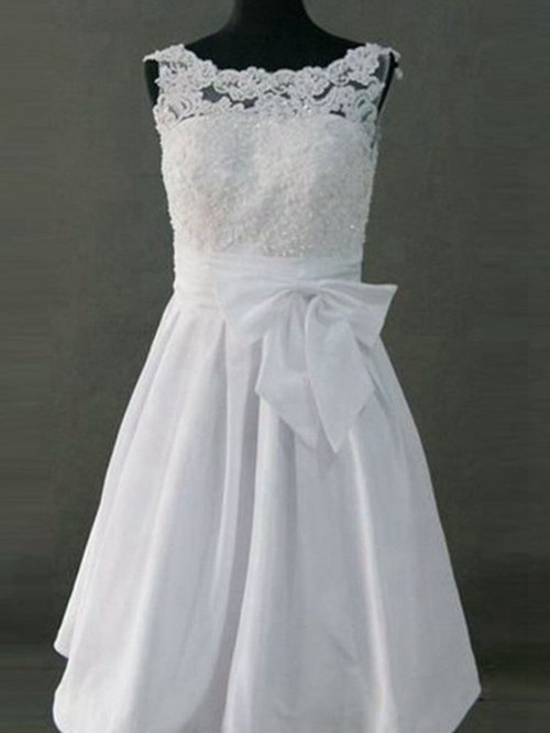 A-line Off Shoulder Tea Length Satin Lace Wedding Dress