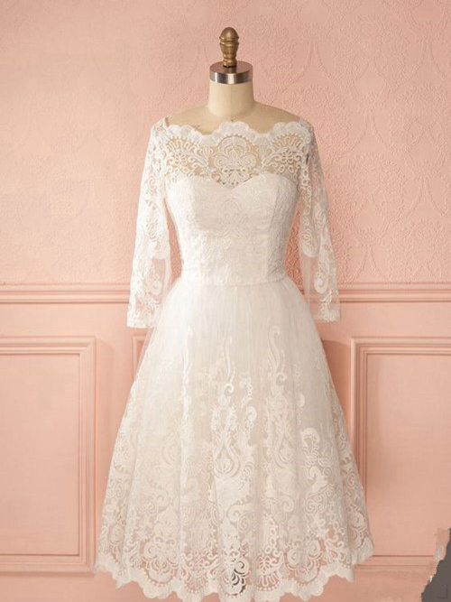 A-line Off Shoulder Tea Length 3/4 Sleeves Lace Wedding Dress