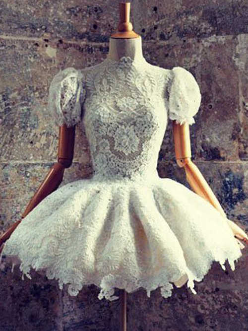 Ball Gown High Neck Lace Short Wedding Dress