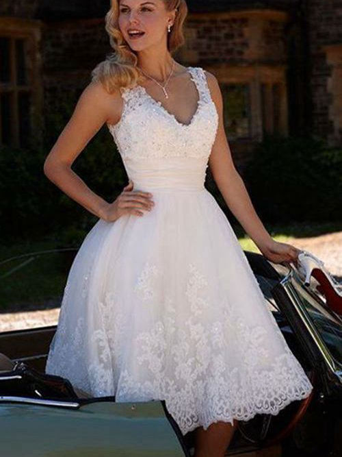 A-line V Neck Knee Length Lace Wedding Dress