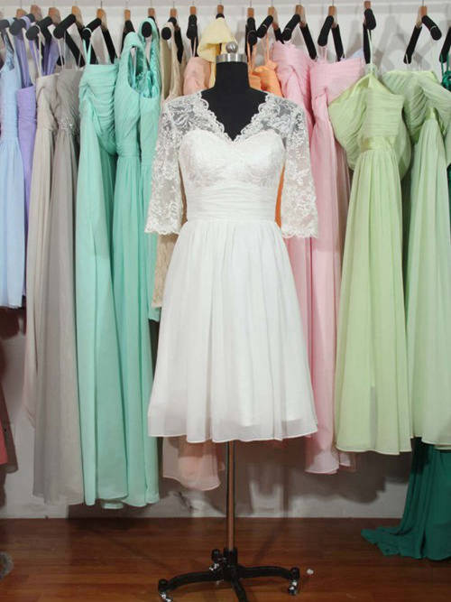 A-line V Neck Tea Length Lace Sleeves Chiffon Wedding Dress