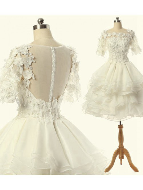 A-line Scoop Tea Length Organza Wedding Dress Applique