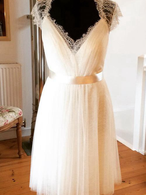 A-line V Neck Tea Length Tulle Wedding Dress