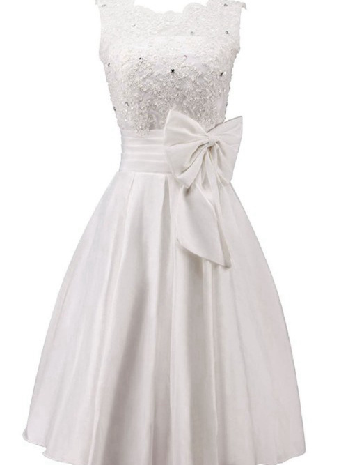 A-line Scoop Tea Length Satin Lace Wedding Dress Bowknot