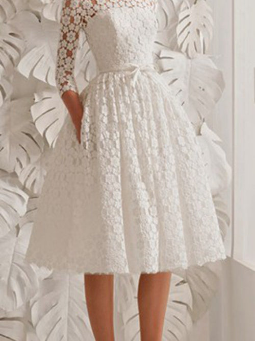 Princess Bateau Knee Length Lace Wedding Dress