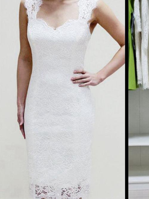 Sheath Straps Lace Knee Length Wedding Dress