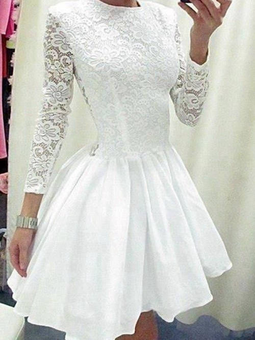 Princess Jewel Lace Chiffon Short Bridal Dress Long Sleeves