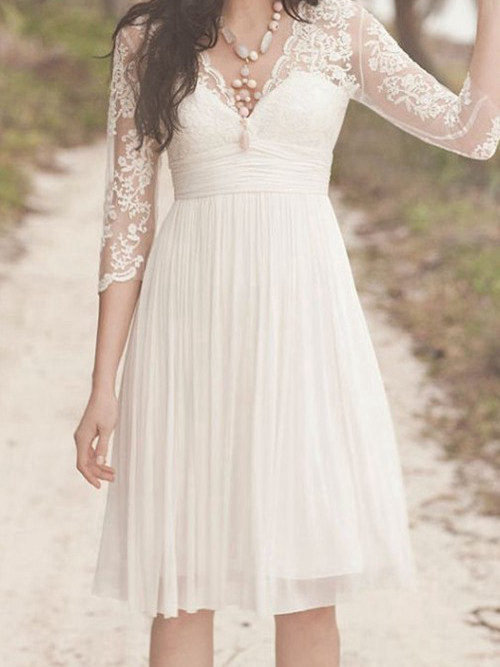 A-line V Neck Knee Length Lace 3/4 Sleeves Chiffon Wedding Dress