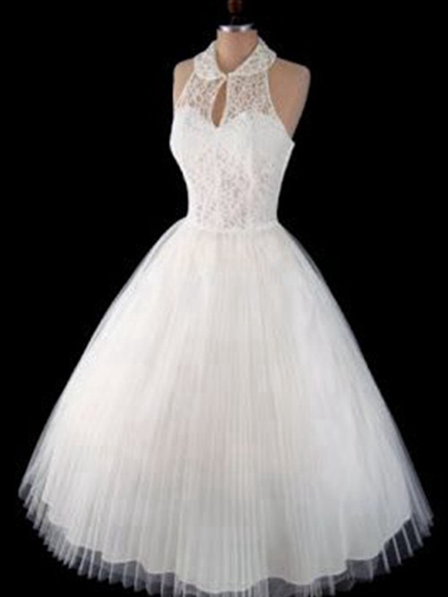 A-line Halter Chiffon Lace Ankle Length Wedding Dress