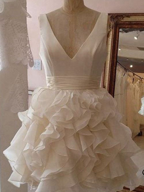 A-line V Neck Chiffon Short Wedding Dress Ruffles
