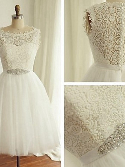 A-line Scoop Tea Length Organza Lace Wedding Dress