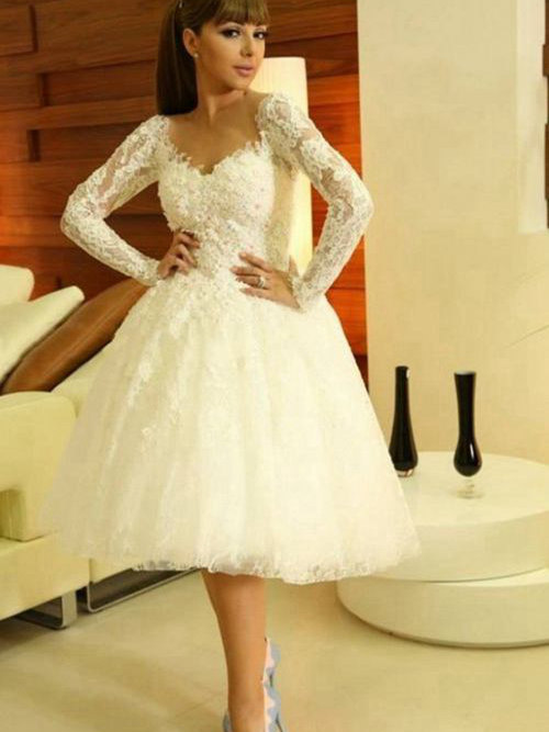 A-line Sweetheart Knee Length Lace Long Sleeves Bridal Wear
