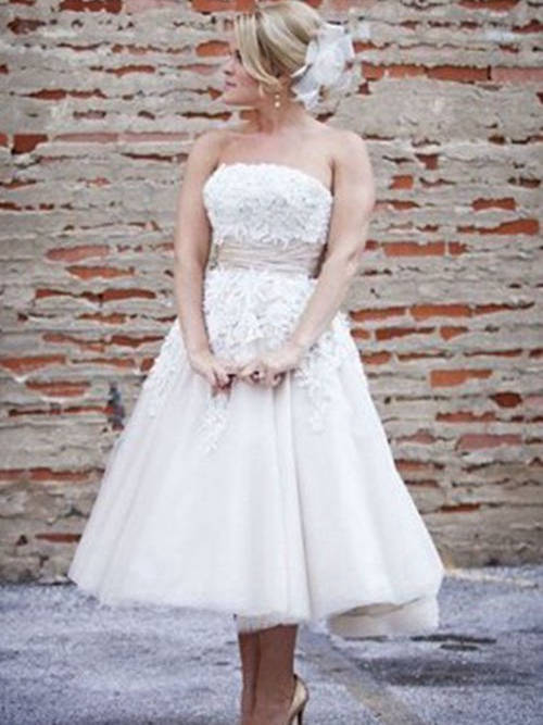A-line Strapless Tea Length Organza Wedding Dress Applique