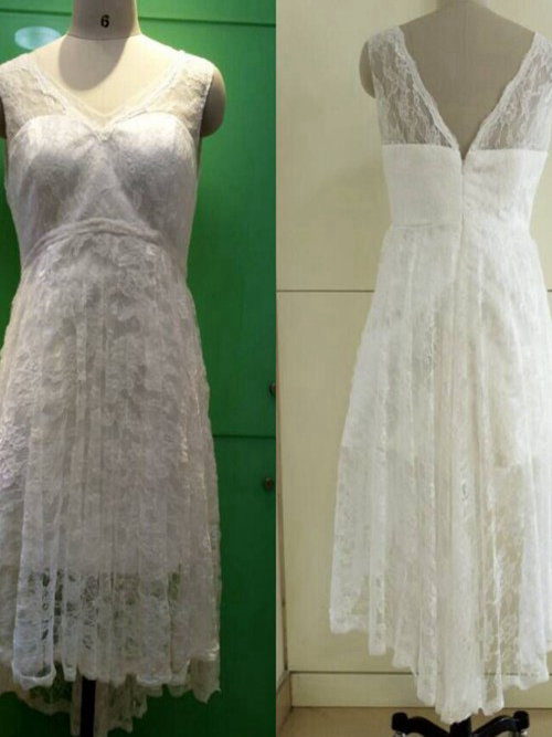 A-line V Neck Tea Length Lace Bridal Wear