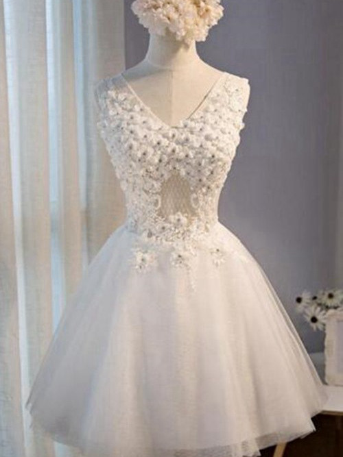 Princess V Neck Organza Knee Length Wedding Dress