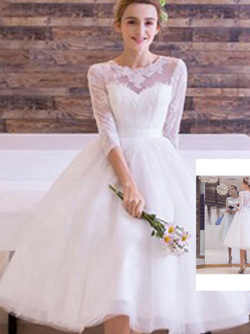 Princess Jewel Tea Length Lace Sleeves Organza Bridal Wear