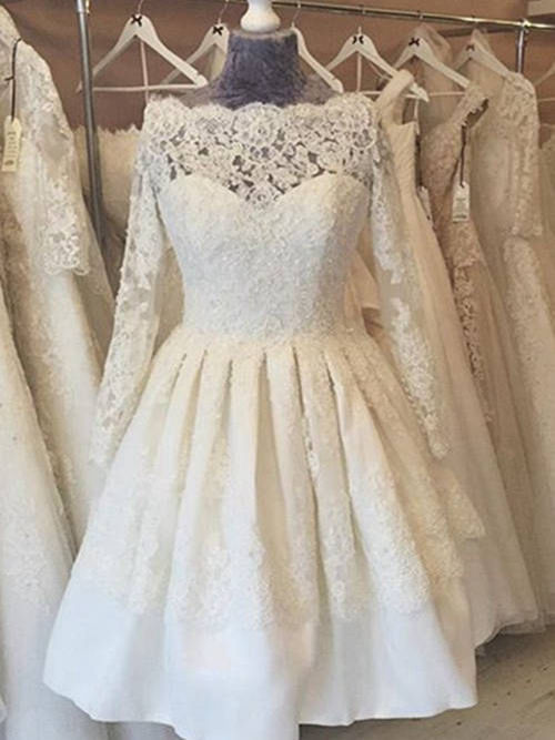 A-line Bateau Knee Length Long Sleeves Lace Bridal Dress
