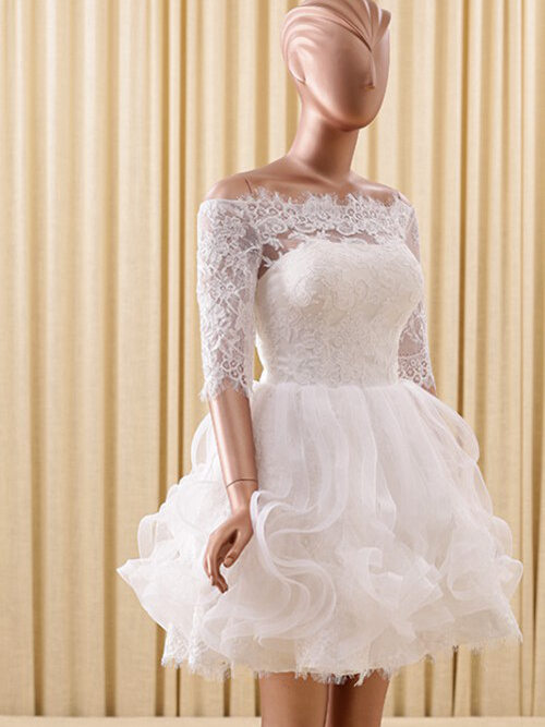 A-line Off Shoulder Organza Lace Short Wedding Dress